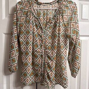 Wishful Park Sheer Blouse Women's Size Medium Aztec Print Teal Brown Cream GUC